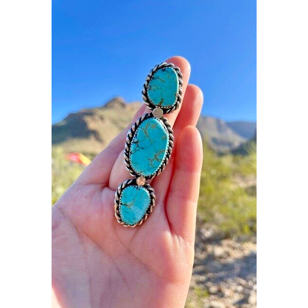 Native American 3 Stone Turquoise & Sterling 3.5" Made by Caura Dobbs Size 10.5 - Picture 2 of 4